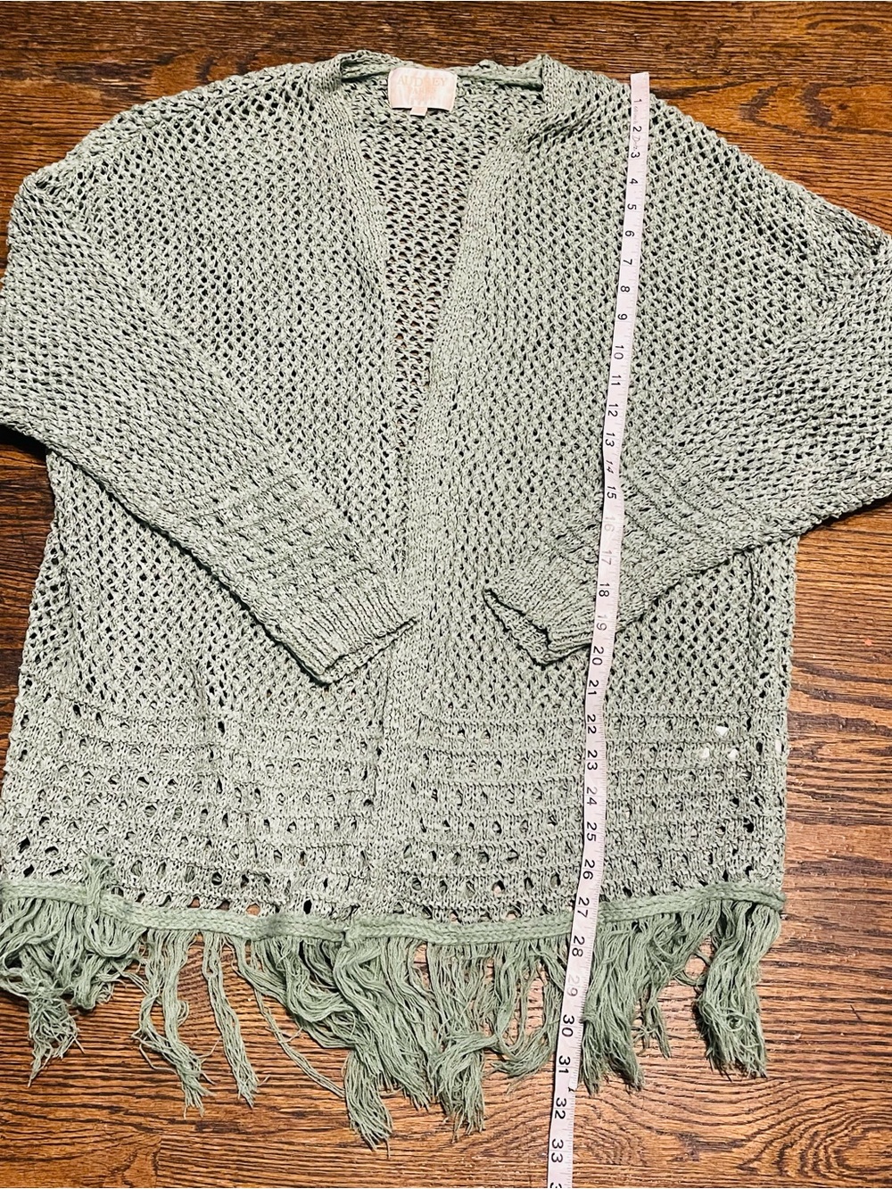 Audrey parks boho Lightweight Olive Green Crochet Fringe Cardigan Sweater L - Picture 9 of 14